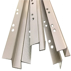 Fan of perforated aluminum trim profiles, primed grey and beige