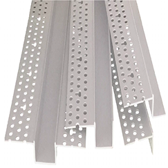 Fan of white perforated vinyl trim profiles, white background